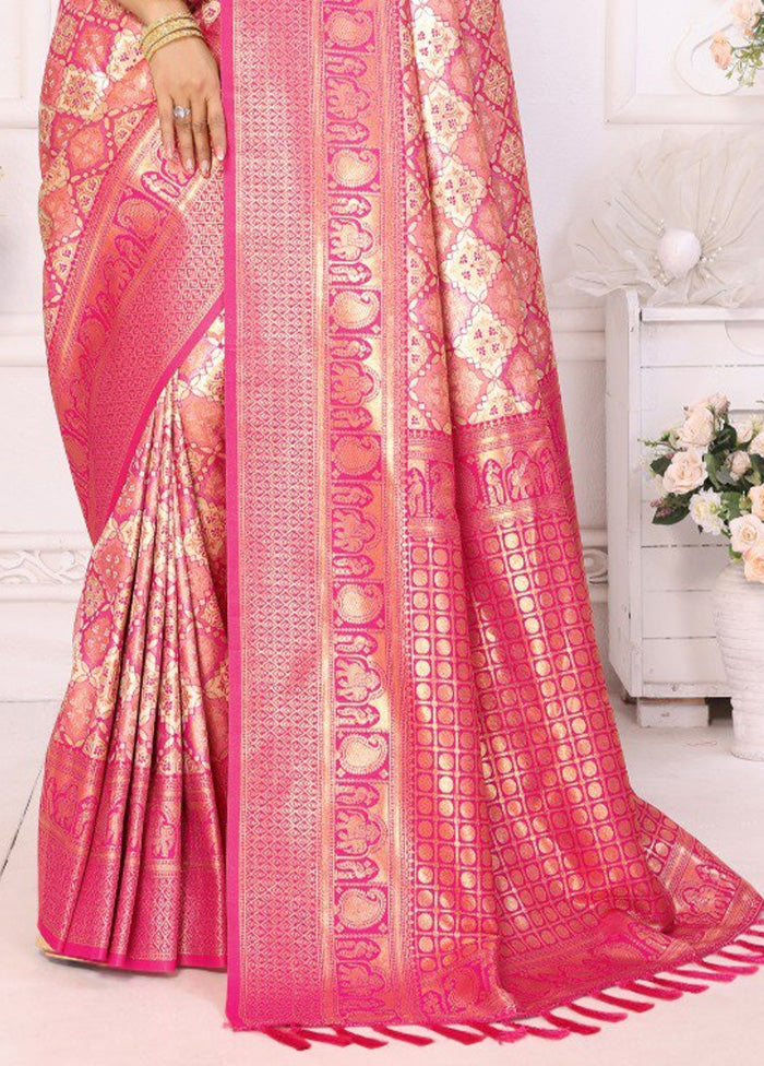 Peach Banarasi Silk Saree With Blouse Piece