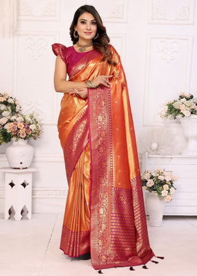 Orange Banarasi Silk Saree With Blouse Piece