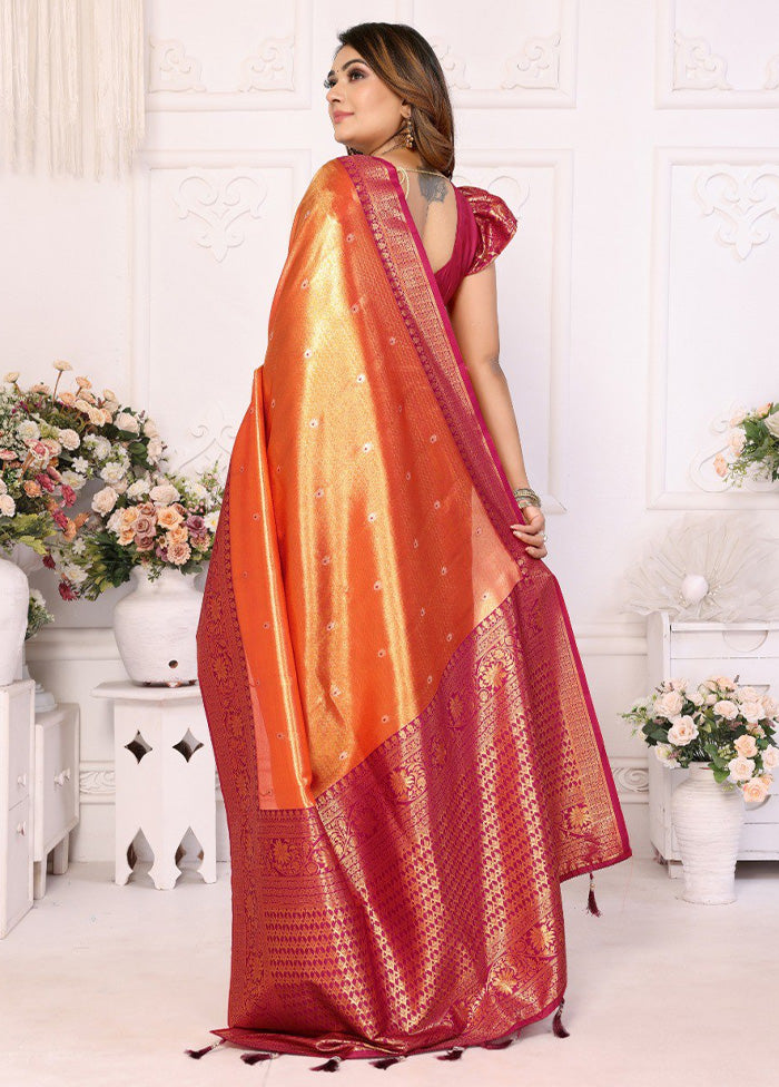 Orange Banarasi Silk Saree With Blouse Piece