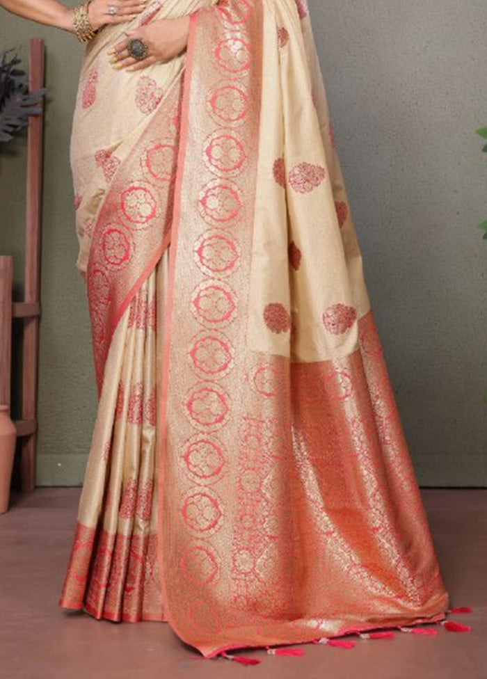 Cream Spun Silk Saree With Blouse Piece