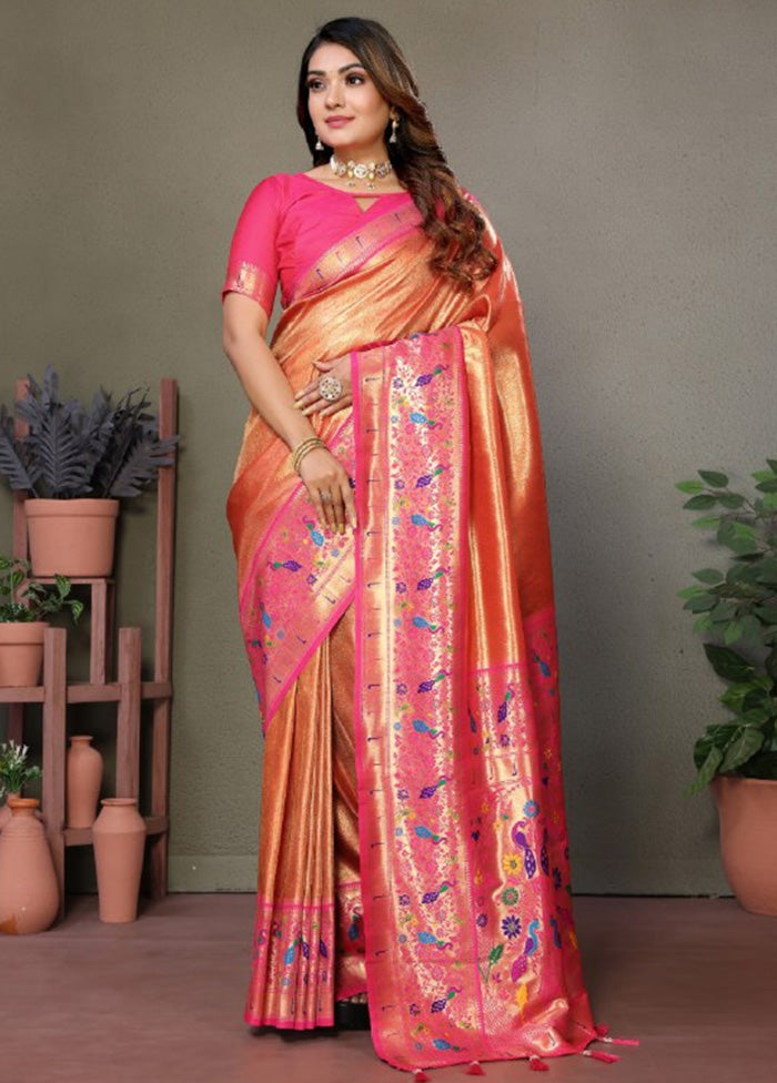 Dark Peach Banarasi Silk Saree With Blouse Piece