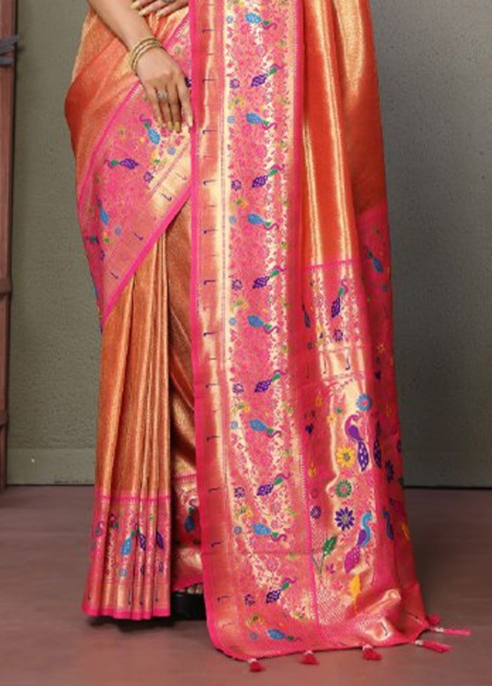 Dark Peach Banarasi Silk Saree With Blouse Piece