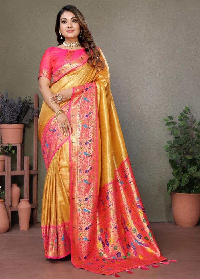 Yellow Banarasi Silk Saree With Blouse Piece