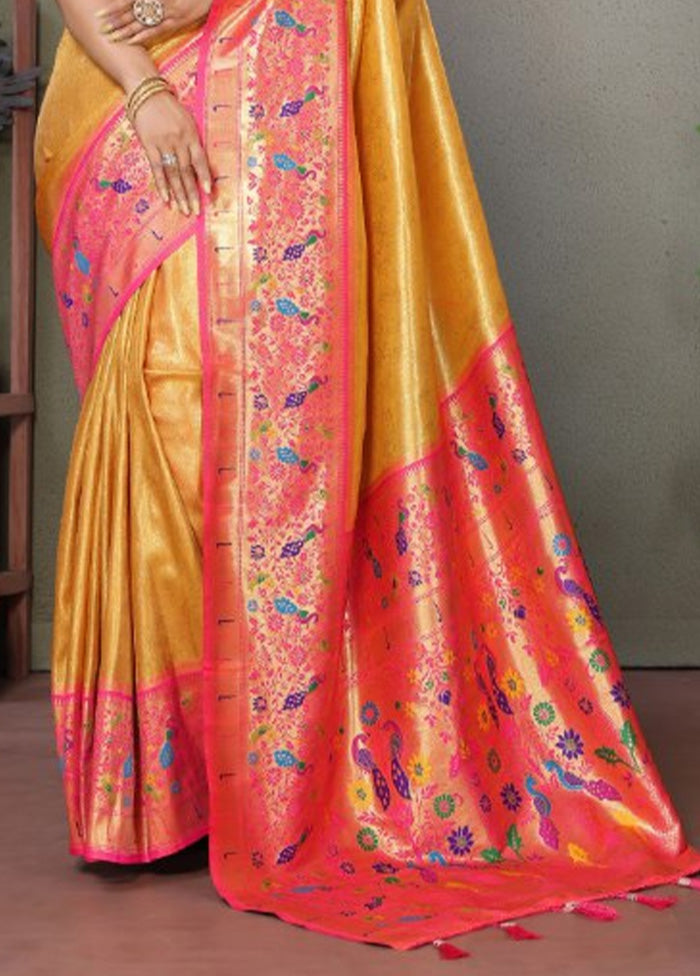 Yellow Banarasi Silk Saree With Blouse Piece