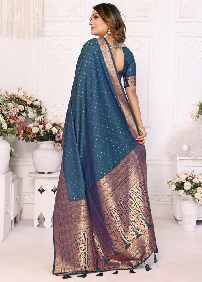 Teal Spun Silk Saree With Blouse Piece