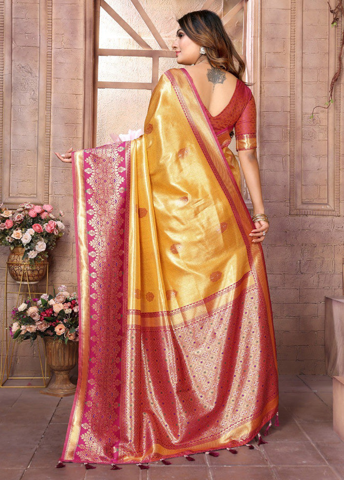 Yellow Banarasi Silk Saree With Blouse Piece