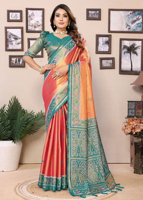 Dark Peach Banarasi Silk Saree With Blouse Piece