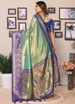 Sea Green Banarasi Silk Saree With Blouse Piece