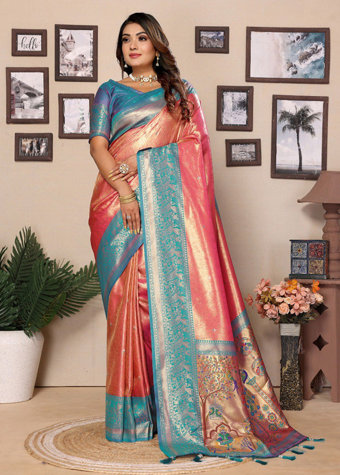 Dark Peach Banarasi Silk Saree With Blouse Piece