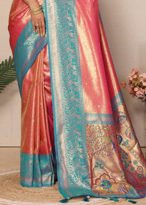 Dark Peach Banarasi Silk Saree With Blouse Piece