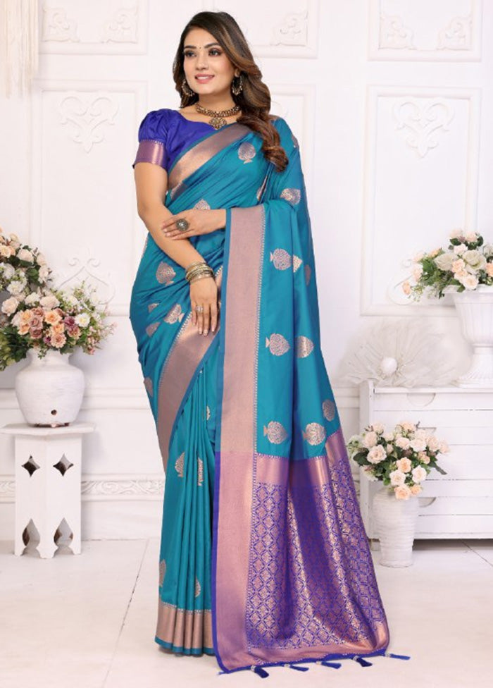 Teal Blue Spun Silk Saree With Blouse Piece