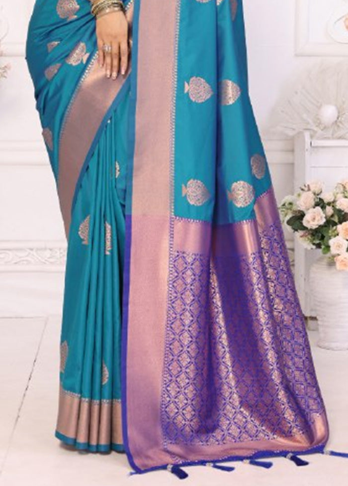 Teal Blue Spun Silk Saree With Blouse Piece