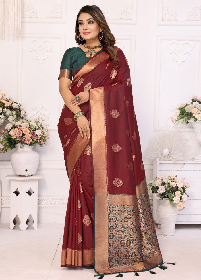 Maroon Spun Silk Saree With Blouse Piece