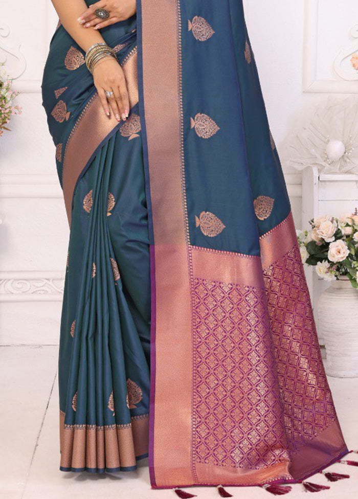 Teal Spun Silk Saree With Blouse Piece