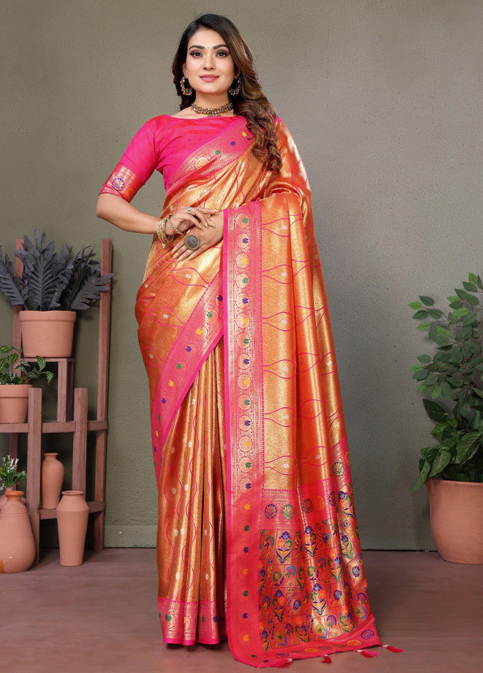 Golden Banarasi Silk Saree With Blouse Piece