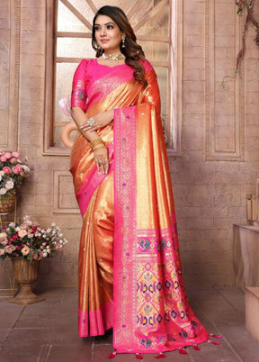 Orange Banarasi Silk Saree With Blouse Piece