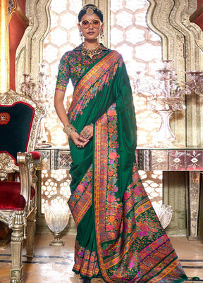 Dark Green Spun Silk Saree With Blouse Piece