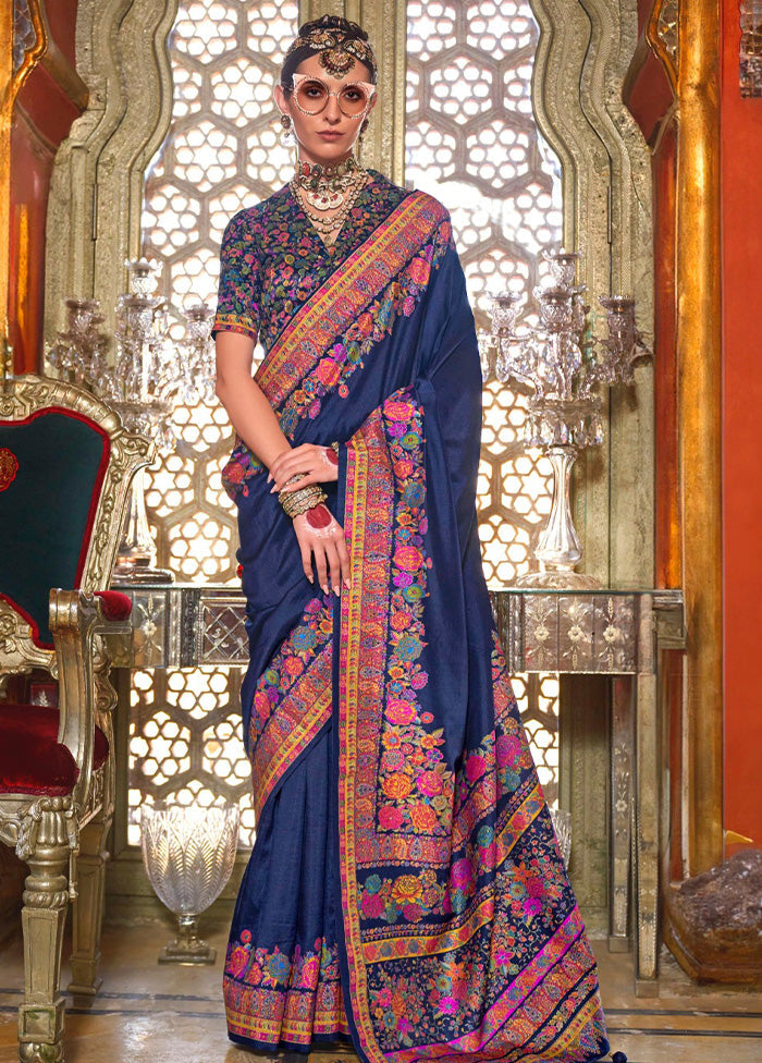 Navy Blue Spun Silk Saree With Blouse Piece