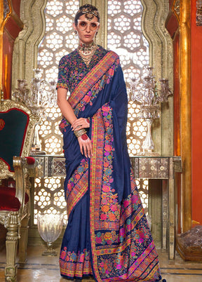 Navy Blue Spun Silk Saree With Blouse Piece