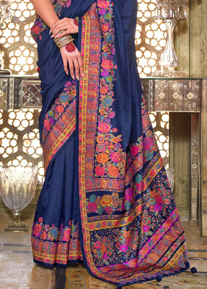 Navy Blue Spun Silk Saree With Blouse Piece