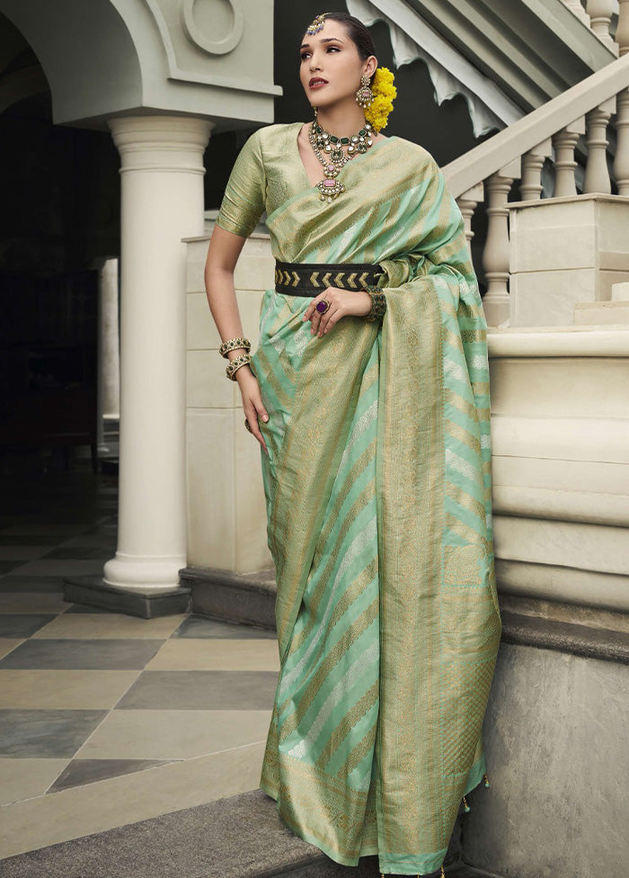 Mint Green Banarasi Silk Saree With Blouse Piece