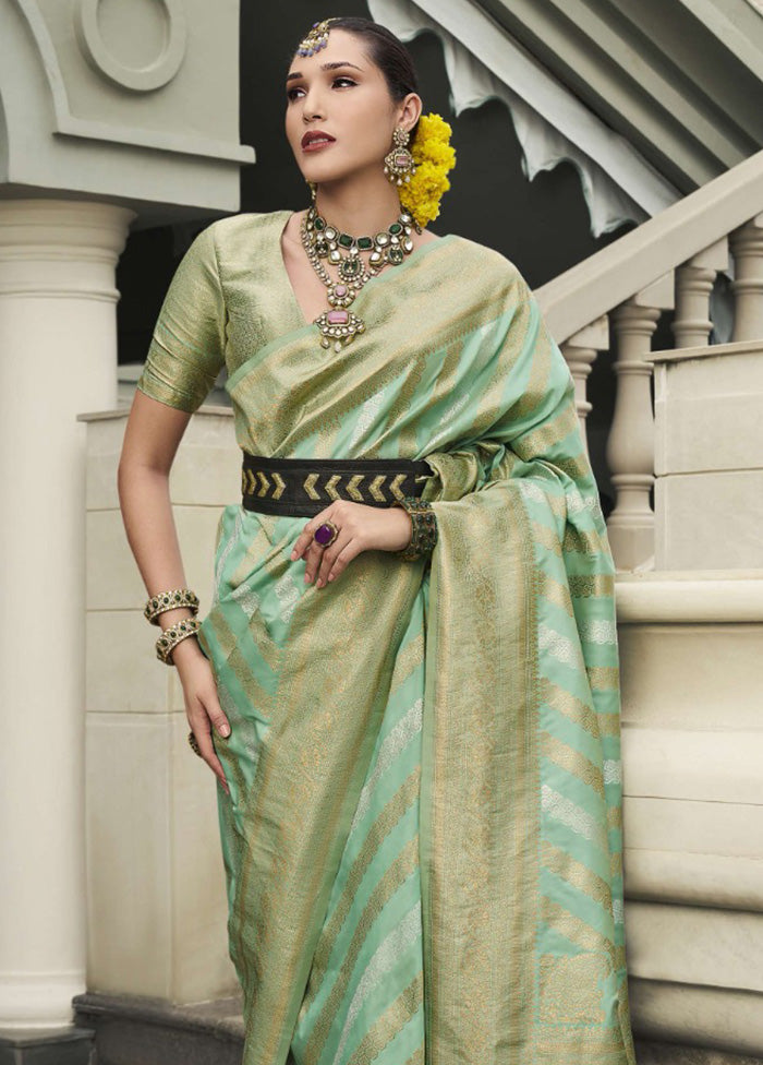 Mint Green Banarasi Silk Saree With Blouse Piece