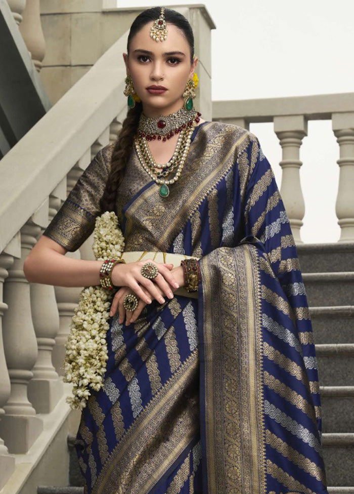 Navy Blue Banarasi Silk Saree With Blouse Piece