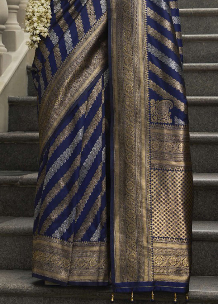 Navy Blue Banarasi Silk Saree With Blouse Piece