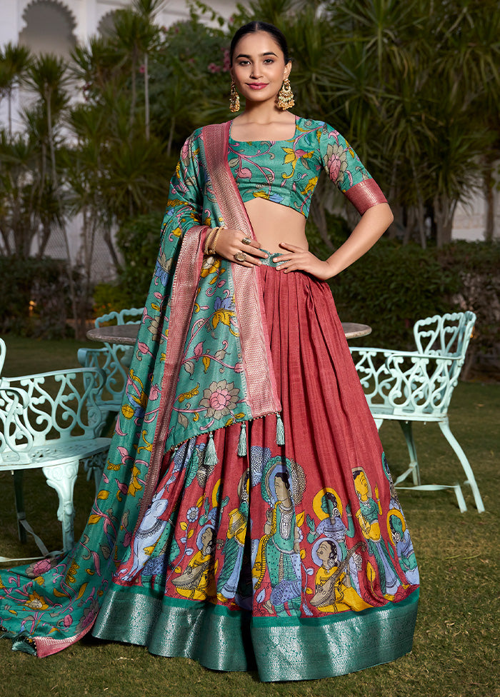 3 Pc Maroon Silk Semi Stitched Lehenga Set