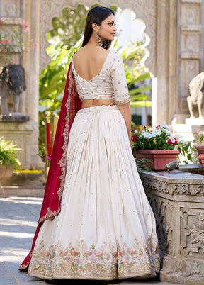 3 Pc Cream Silk Semi Stitched Lehenga Set