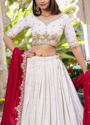 3 Pc Cream Silk Semi Stitched Lehenga Set