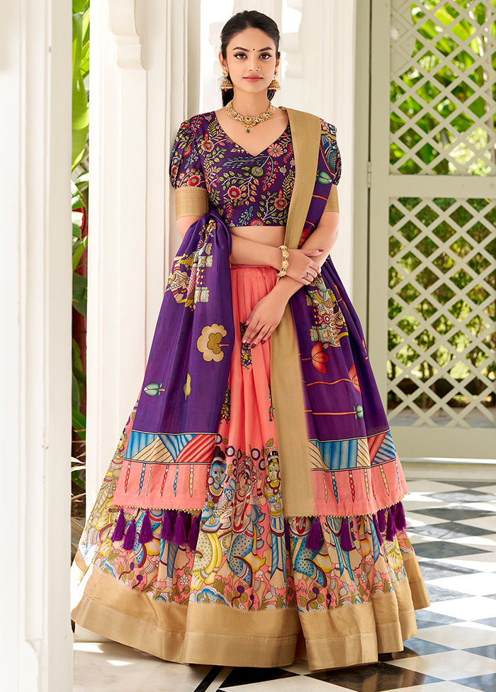 3 Pc Multicolor Silk Semi Stitched Lehenga Set