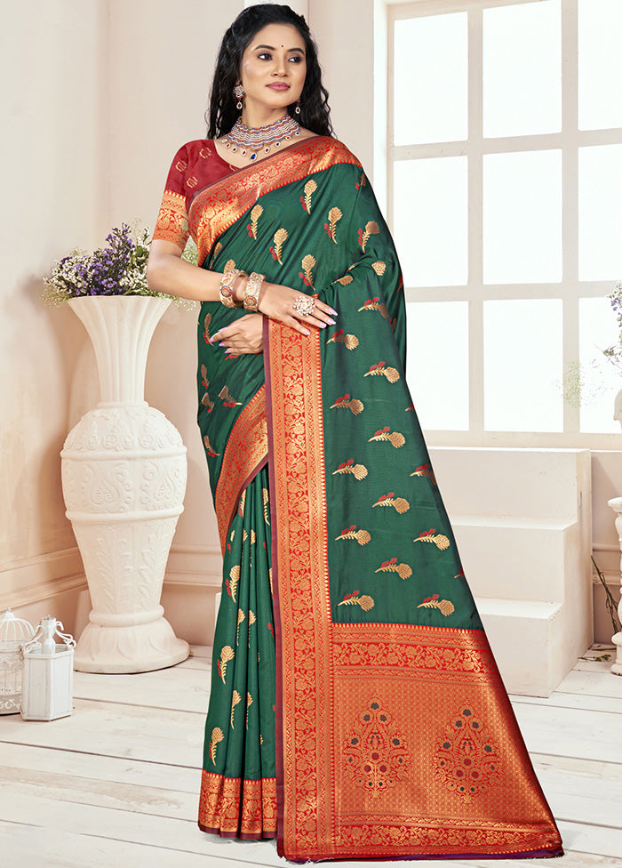 Green Spun Silk Saree With Blouse Piece