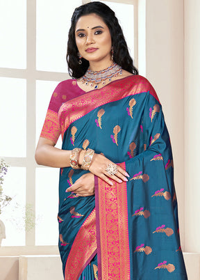 Teal Spun Silk Saree With Blouse Piece