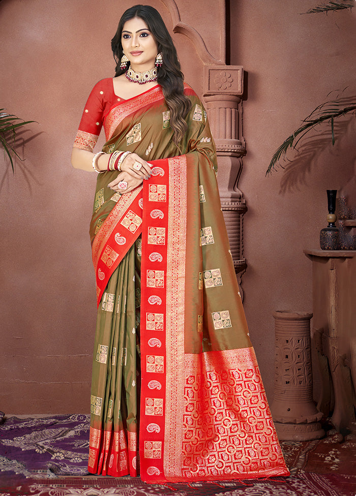 Olive Green Spun Silk Saree With Blouse Piece