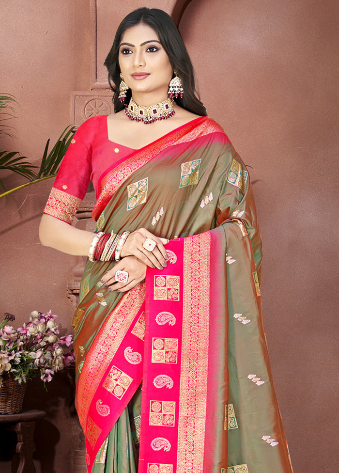 Olive Green Spun Silk Saree With Blouse Piece