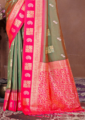 Olive Green Spun Silk Saree With Blouse Piece