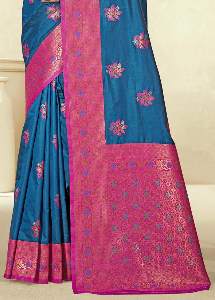 Teal Spun Silk Saree With Blouse Piece