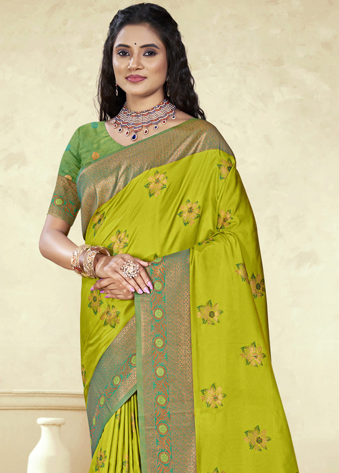 Parrot Green Spun Silk Saree With Blouse Piece