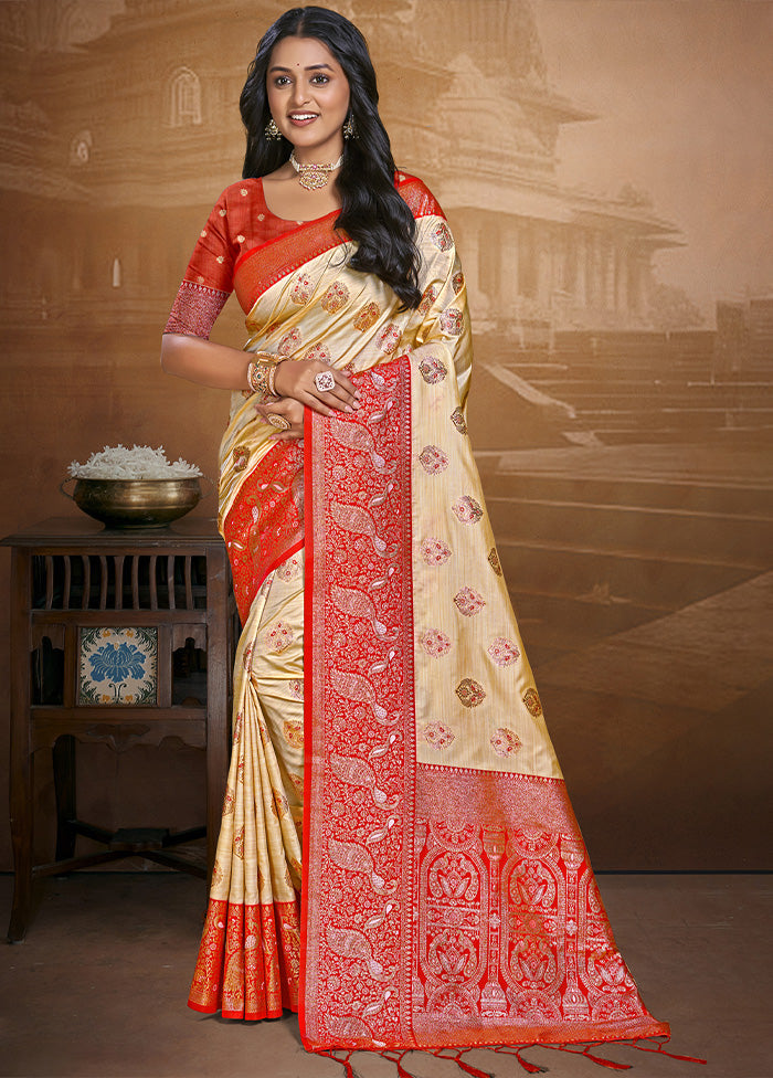 Cream Spun Silk Saree With Blouse Piece