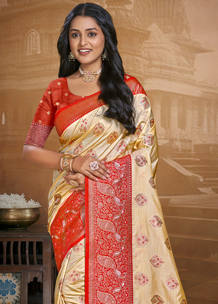 Cream Spun Silk Saree With Blouse Piece