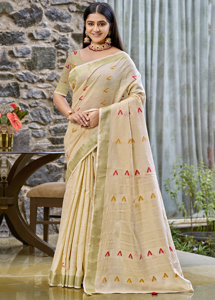 Cream Cotton Saree With Blouse Piece