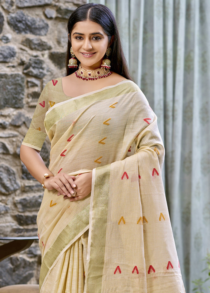 Cream Cotton Saree With Blouse Piece