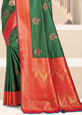 Dark Green Spun Silk Saree With Blouse Piece