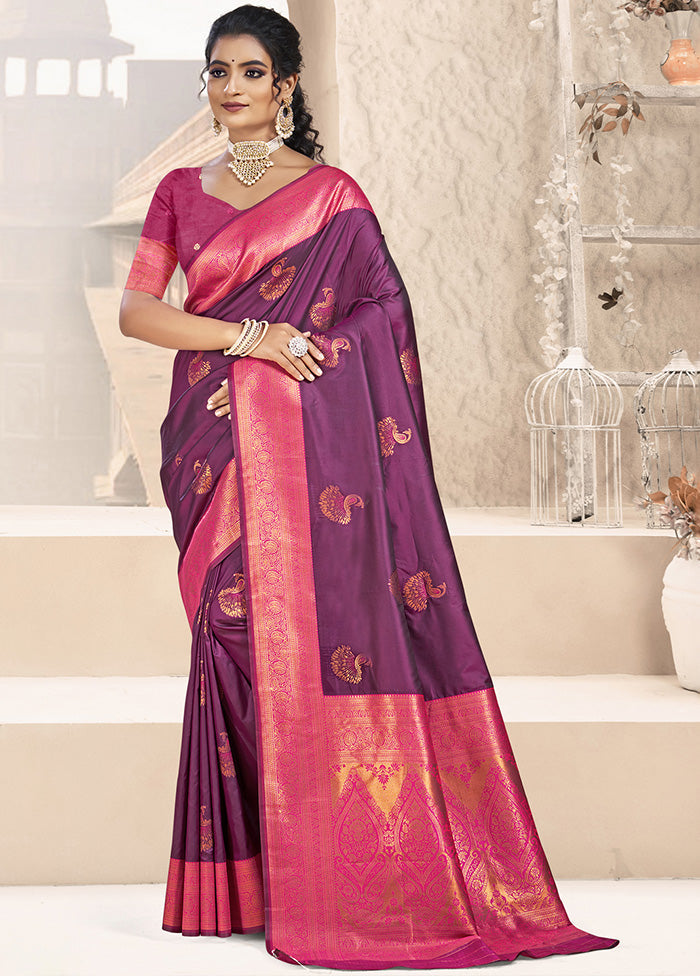 Wine Spun Silk Saree With Blouse Piece