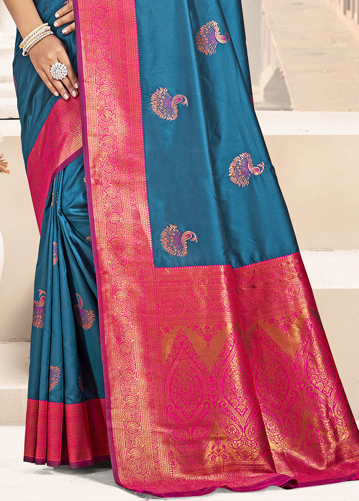 Teal Spun Silk Saree With Blouse Piece