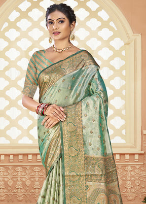 Mint Green Spun Silk Saree With Blouse Piece