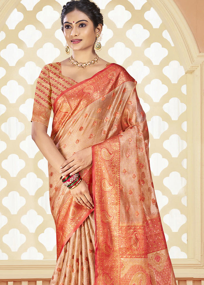 Peach Spun Silk Saree With Blouse Piece