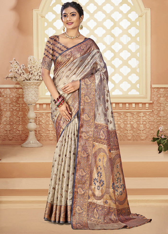 Grey Spun Silk Saree With Blouse Piece