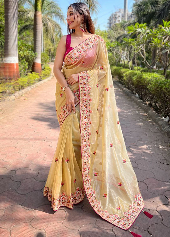 Light Yellow Net Saree With Blouse Piece